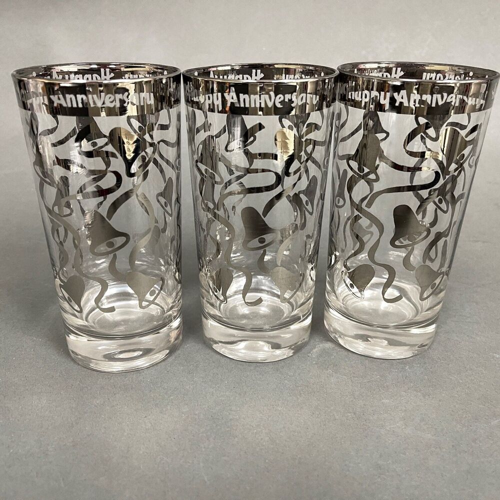 Happy Anniversary Highball Glasses Bells Clear Silver Glass 5.5" High Lot of 3
